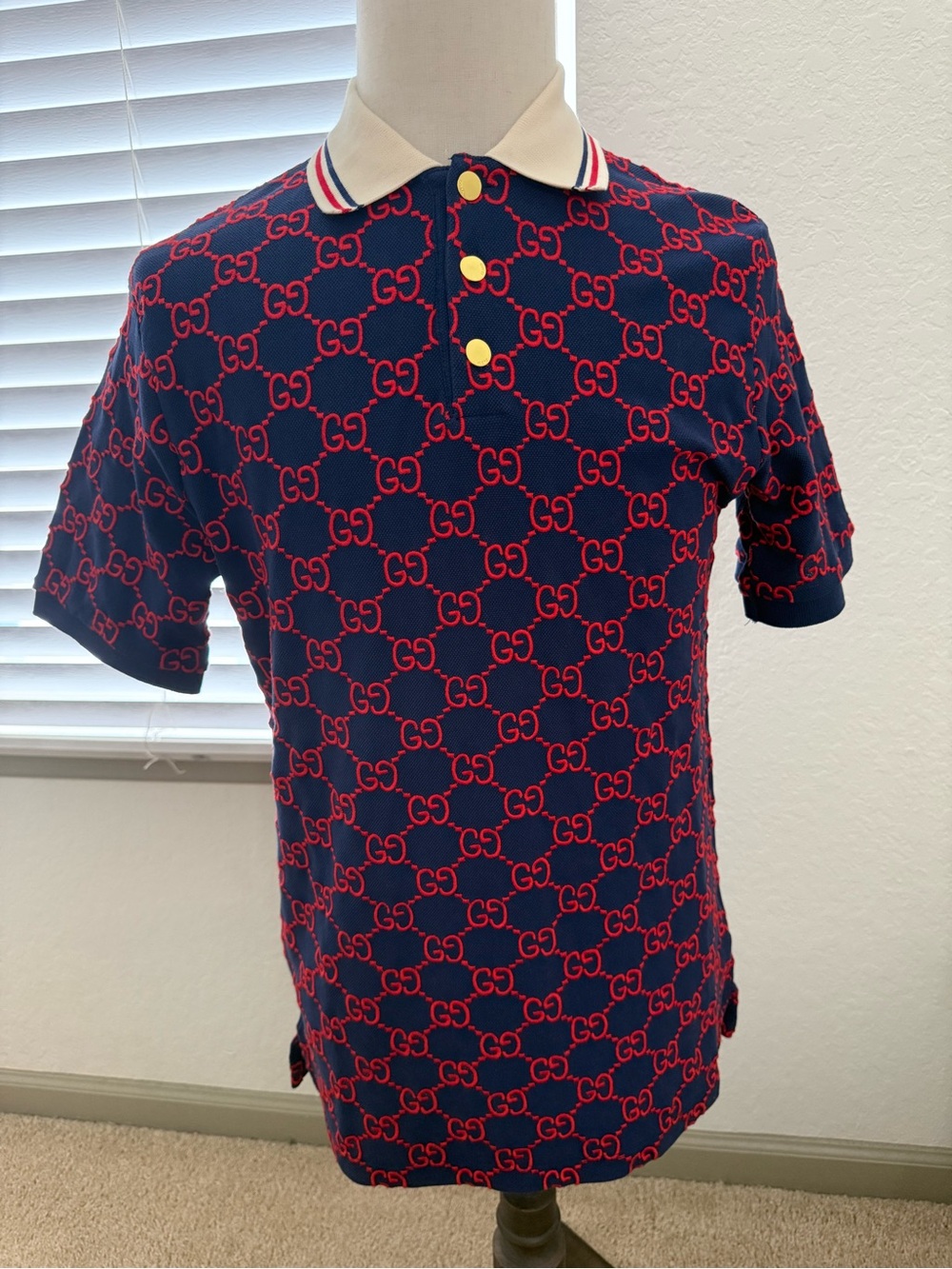 Gucci Navy Polo with Red GG Pattern and Cream Striped Collar